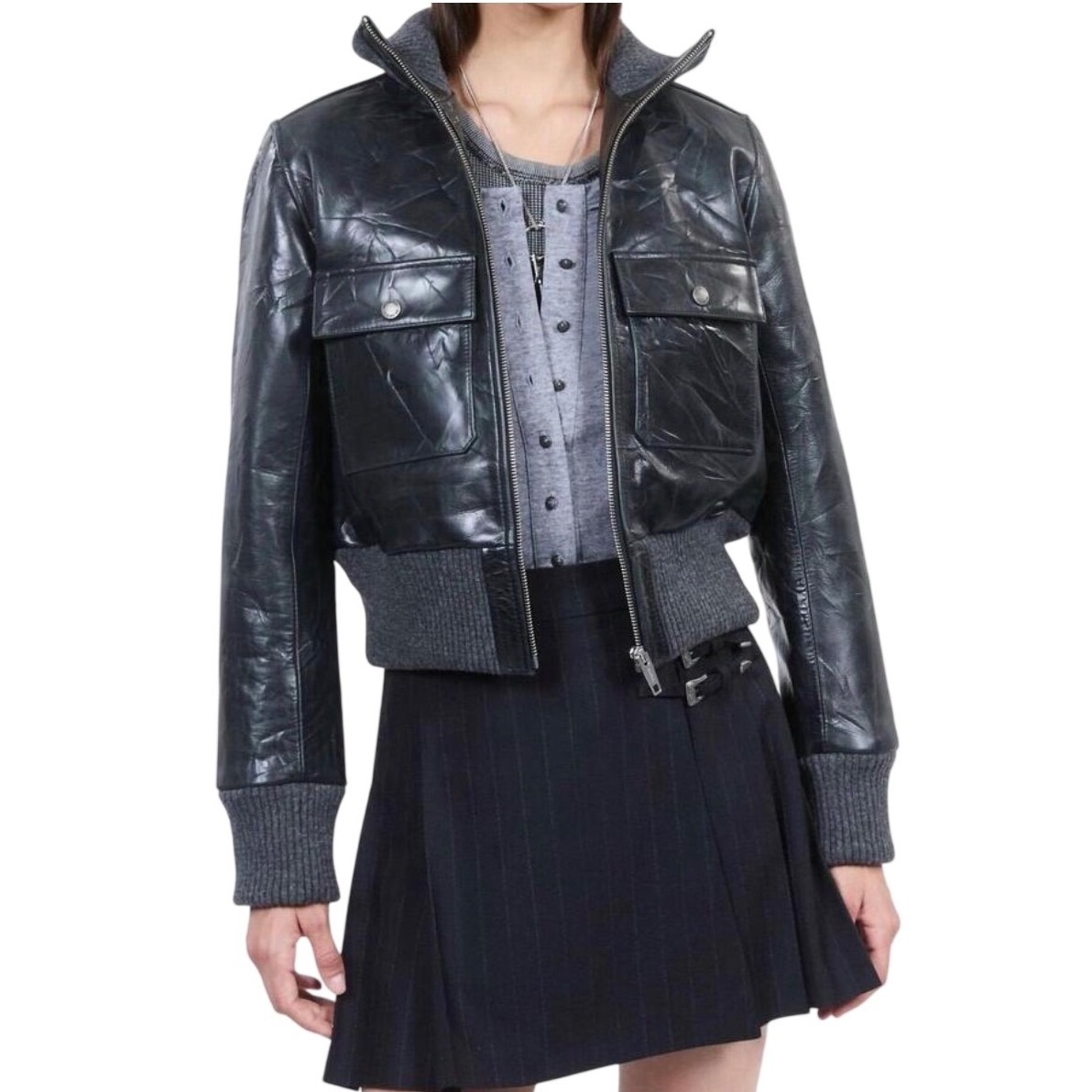 The Kooples Jacket Black Distressed Leather Bomber Cropped Msrp $715 Us 8